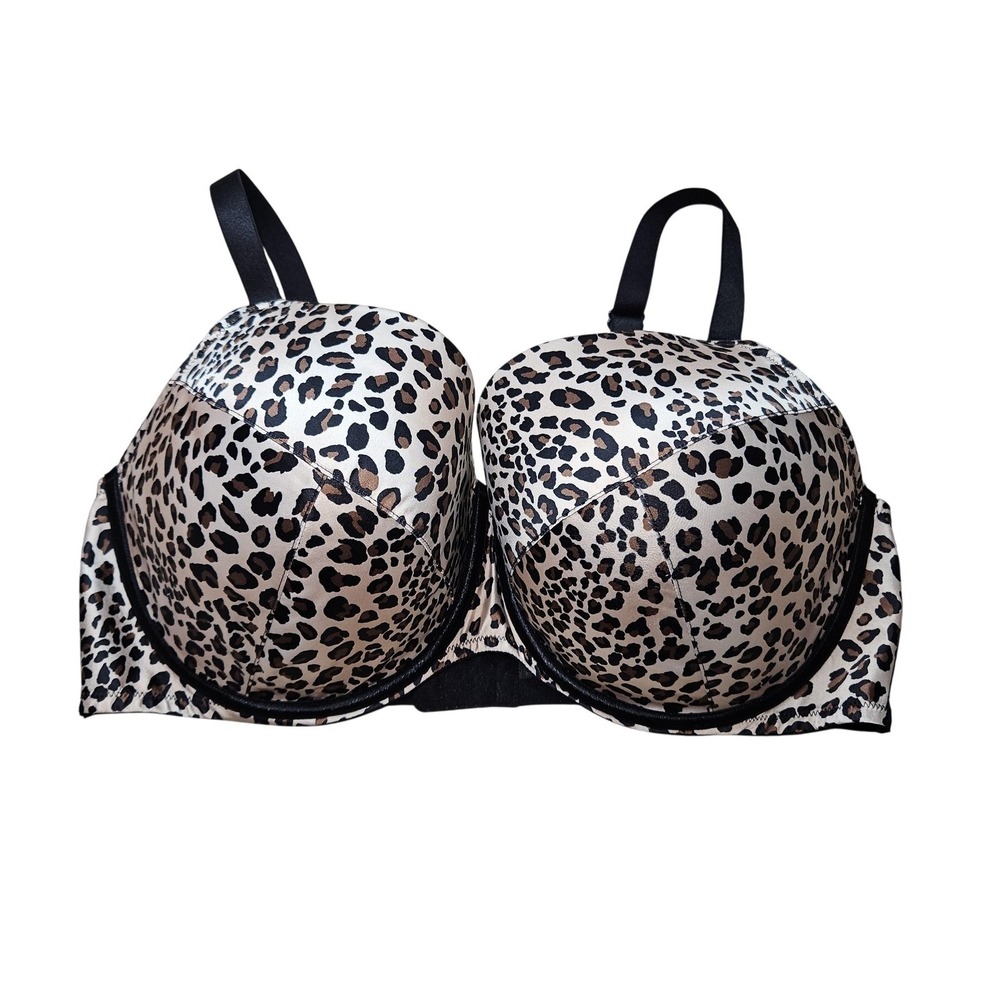 Cacique Bra Womens 46DD Leopard Print Underwire Padded Molded Cups Black Tan